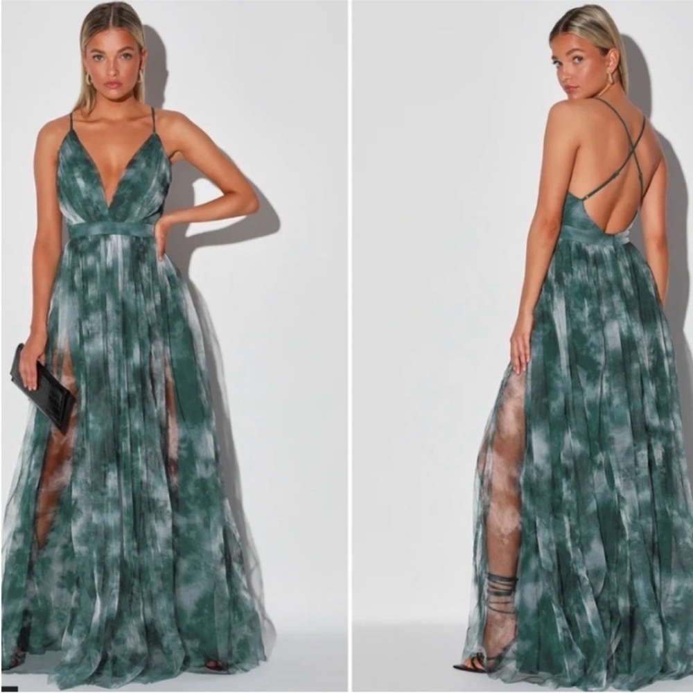 Lulu’s Elegant Moment Emerald Green Tie-Dye Backless Maxi Dress